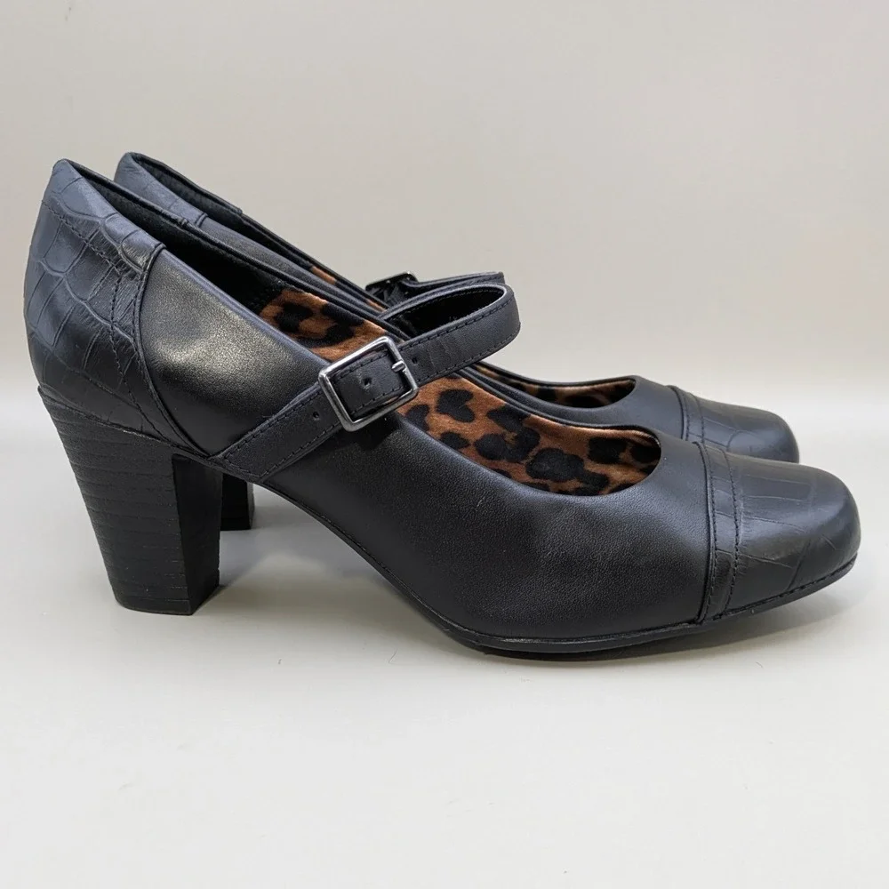 Clarks Bendables Black Leather Mary Jane Block Heel Pumps Croc Embossed Size 7M
